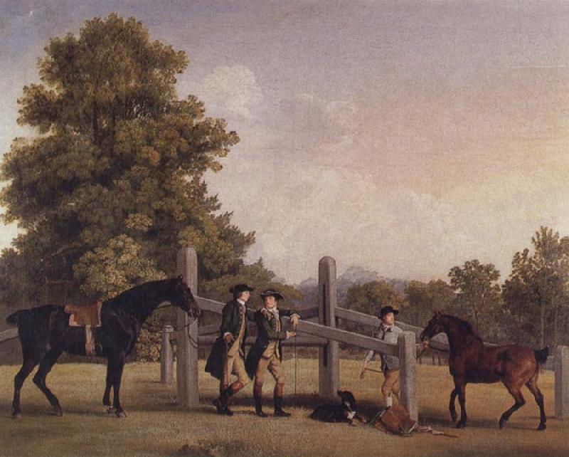 George Stubbs The Third Duke of Portand and his Brother,Lord Edward Bentinck,with Two Horses at a Leaping Bar oil painting picture